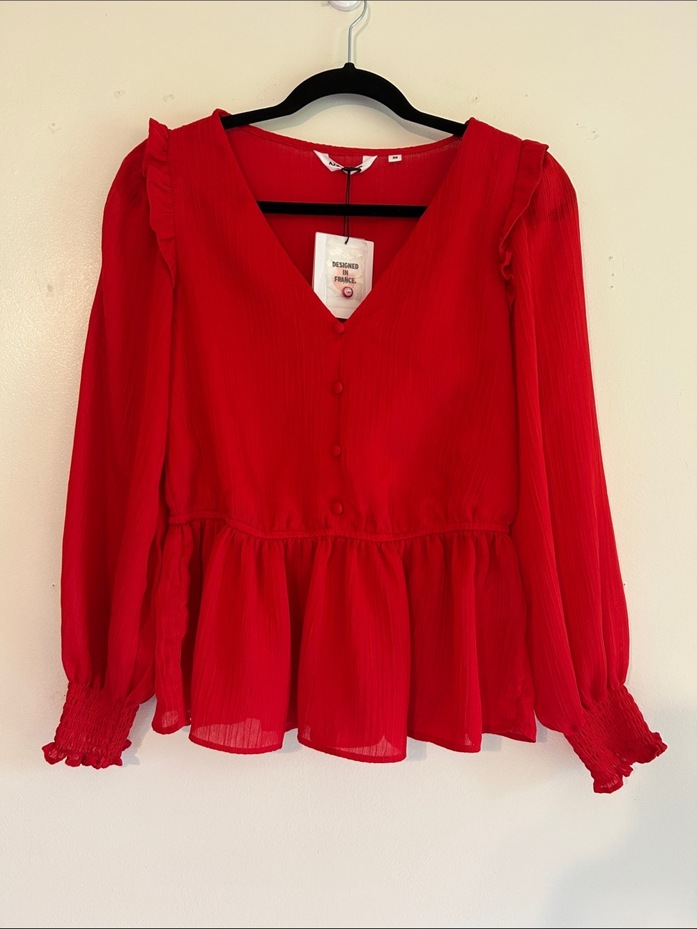 NAF NAF Paris Red V-Neck Peplum Blouse NWT Size 36 Small